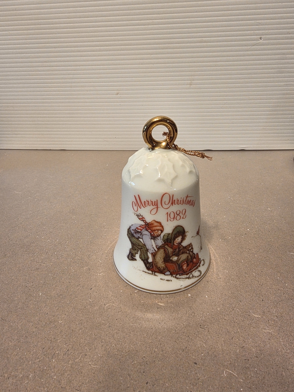Vintage 1982 Merry Christmas Porcelain Bell Ornament - White and Gold